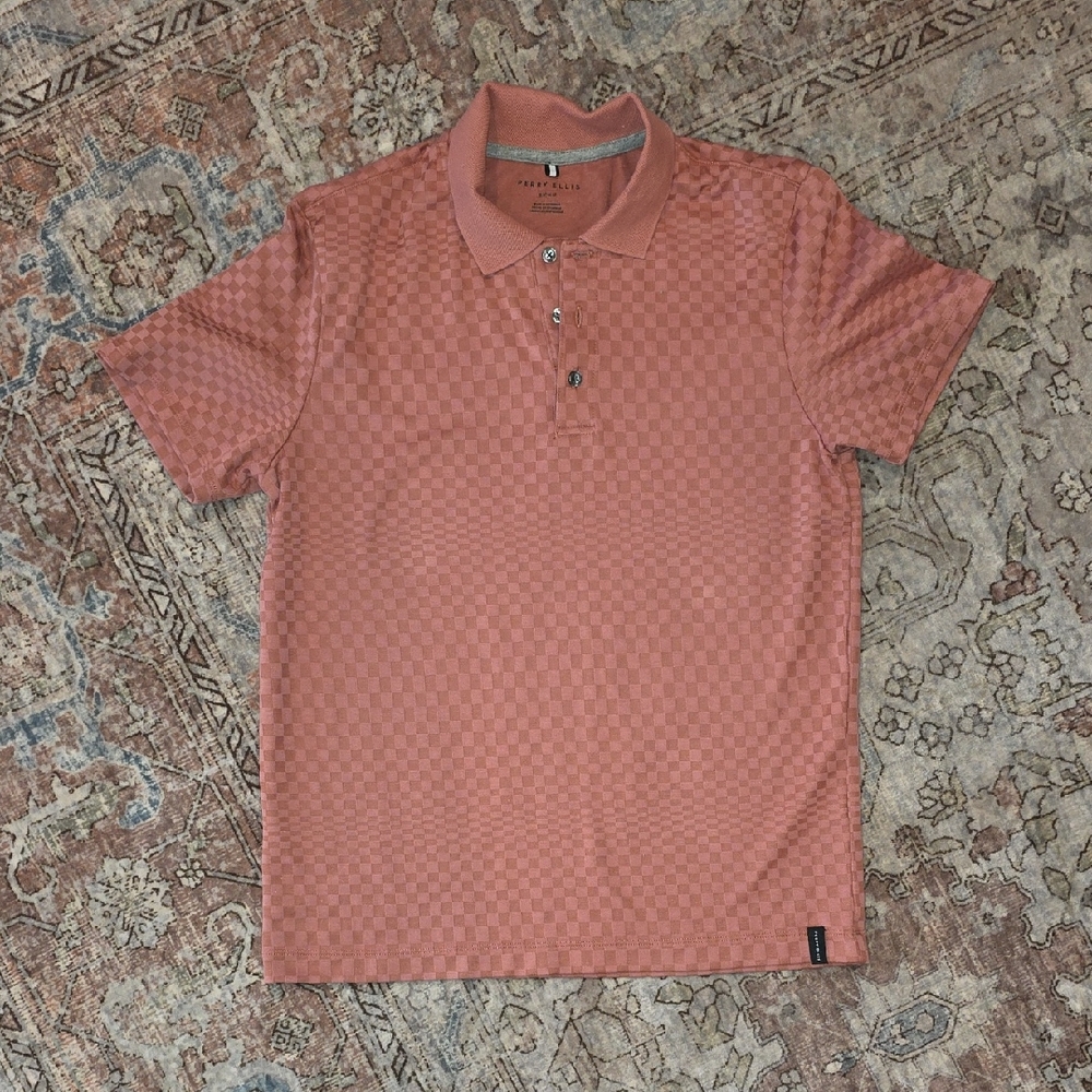 Perry Ellis Short-Sleeve Polo in Dusty Rose Checker